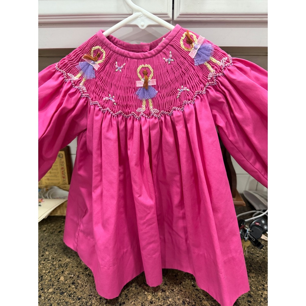 Cupcake Originals Pink Smocked Ballerina Bishop Dress 12M Long Sleeve Tutu Bows